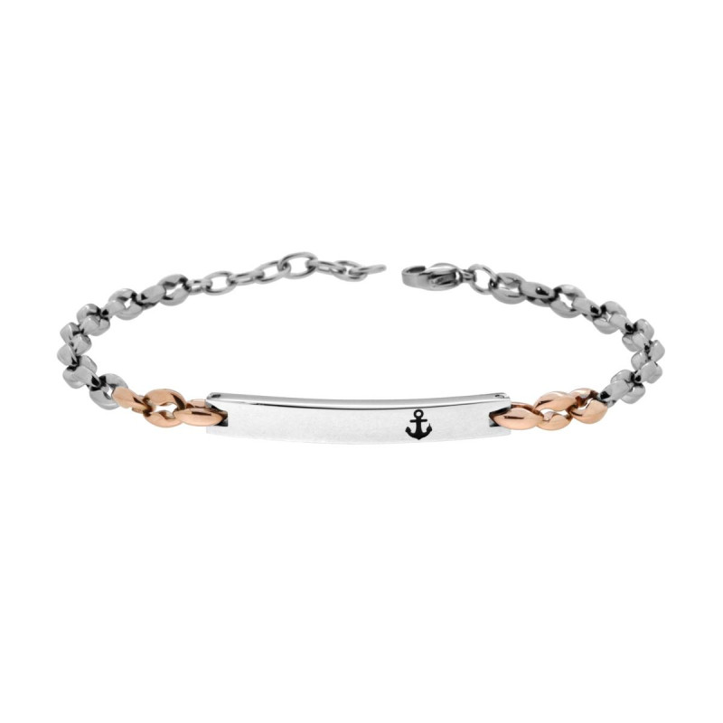 BRACCIALE UOMO CATENA MARINARA COLORE ROSA CON TARGA E ANCORA IN ACCIAIO