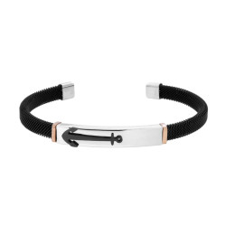 BRACCIALE UOMO SEMIRIGIDO CON RETE METALLICA NERA E TARGA CON ANCORA NERA IN ACCIAIO
