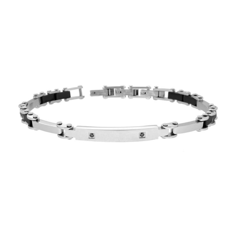 BRACCIALE UOMO MAGLIA IMPERNIATA CON CERAMICA E CRYSTAL NERI IN ACCIAIO