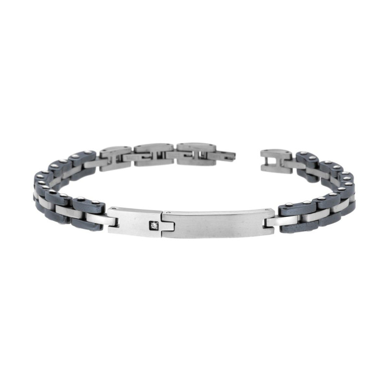 BRACCIALE UOMO MAGLIA IMPERNIATA CON CERAMICA ANTRACITE TARGA E CRYSTAL BIANCO IN ACCIAIO