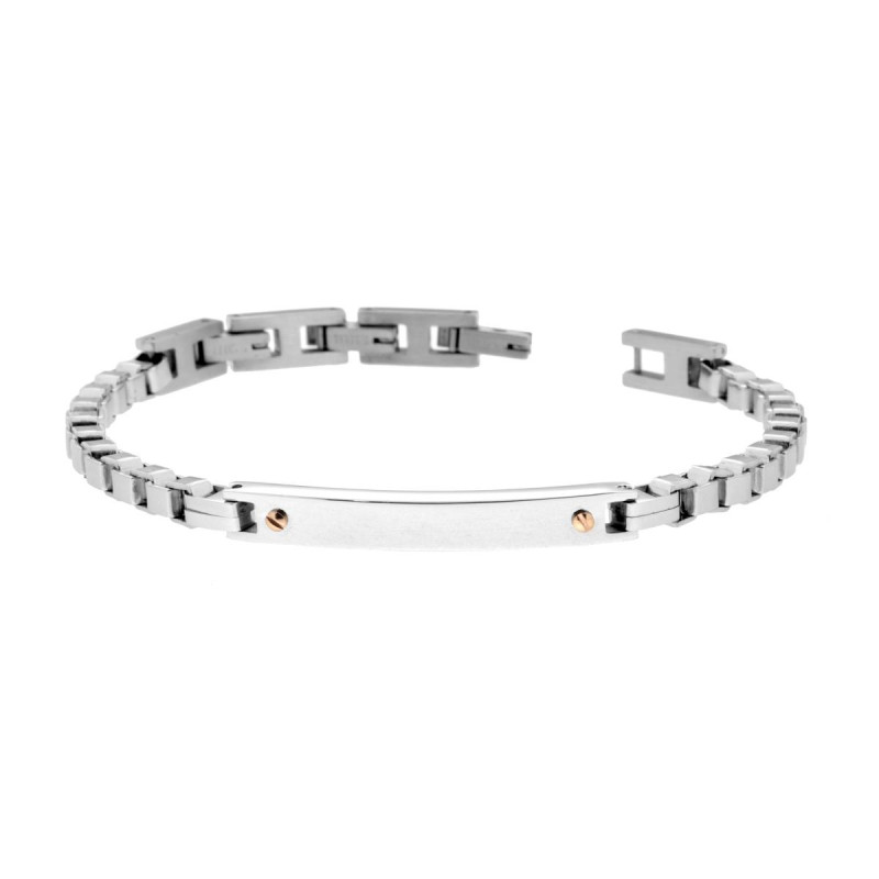 BRACCIALE UOMO CATENA VENEZIANA CON TARGA E PUNTI ROSA IN ACCIAIO