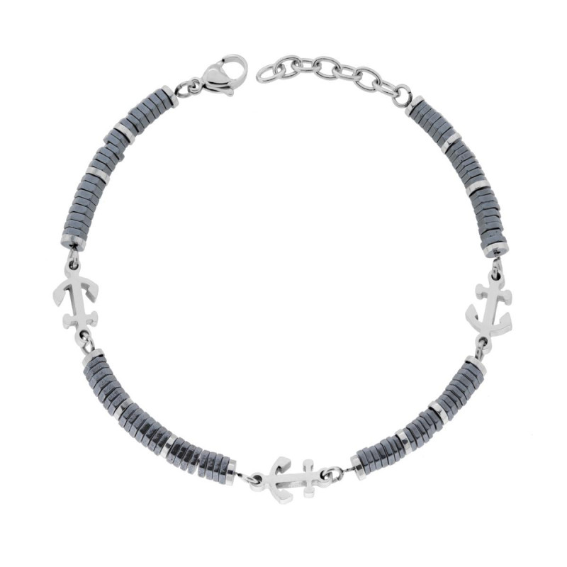 BRACCIALE UOMO CATENA DI BULLONCINI IN CERAMICA ANTRACITE E ANCORE IN ACCIAIO