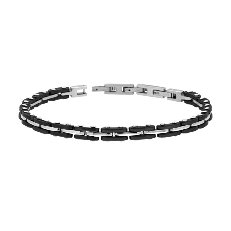 BRACCIALE UOMO MAGLIA IMPERNIATA CON CERAMICA NERA IN ACCIAIO