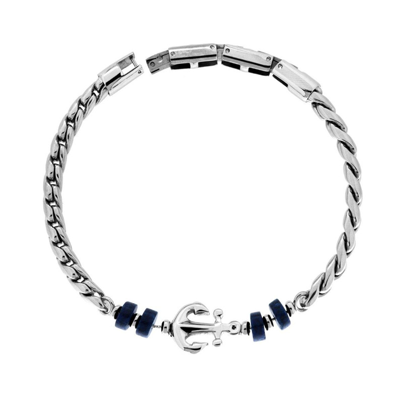 BRACCIALE UOMO CATENA CON PIETRE BLU LAPISLAZZULI E ANCORA IN ACCIAIO