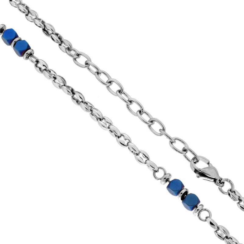 COLLANA CATENA MARINARA CON CUBETTI BLU LUNGHEZZA CM 50+5 IN ACCIAIO