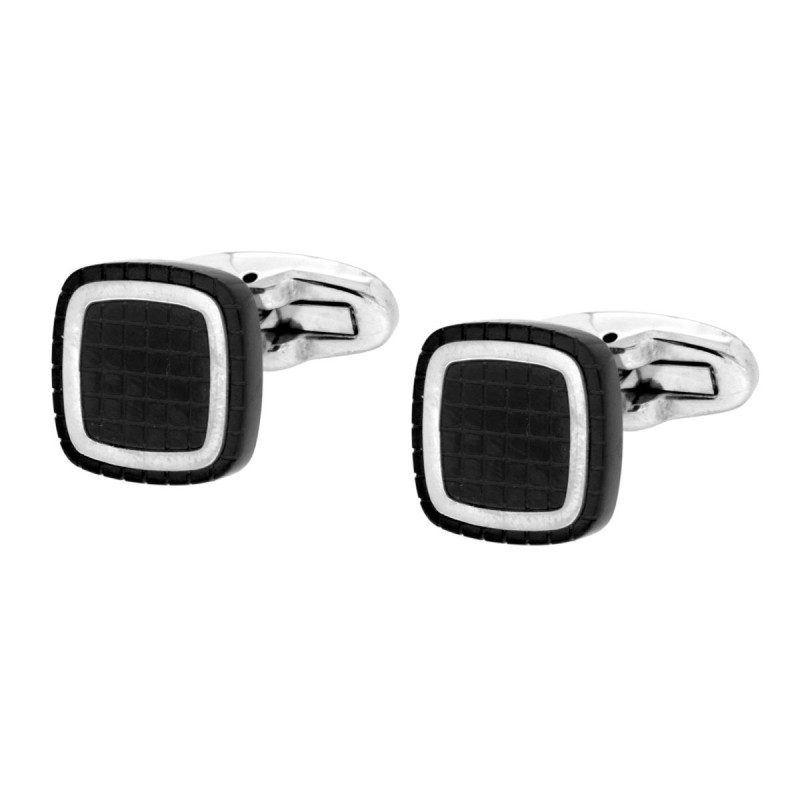 ACCESSORI GEMELLI UOMO NERI FORMA QUADRATA MM 14 CON TRAMA QUADRETTATA IN ACCIAIO