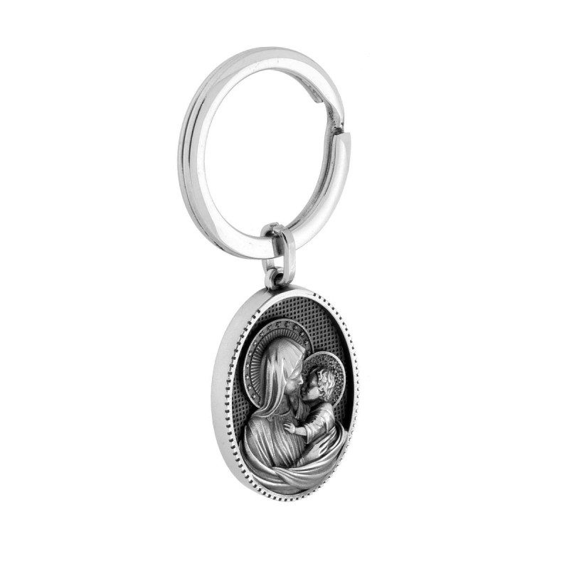 PORTACHIAVI SACRO MEDAGLIA OVALE CON MADONNA CON BAMBINO GESU IN ACCIAIO