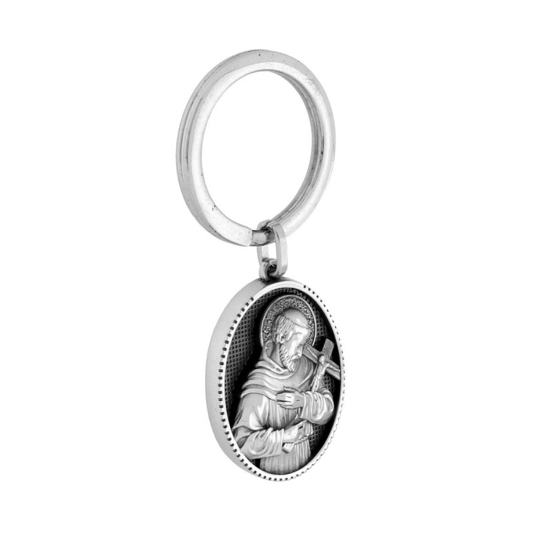 PORTACHIAVI SACRO MEDAGLIA OVALE CON SAN FRANCESCO D'ASSISI IN ACCIAIO
