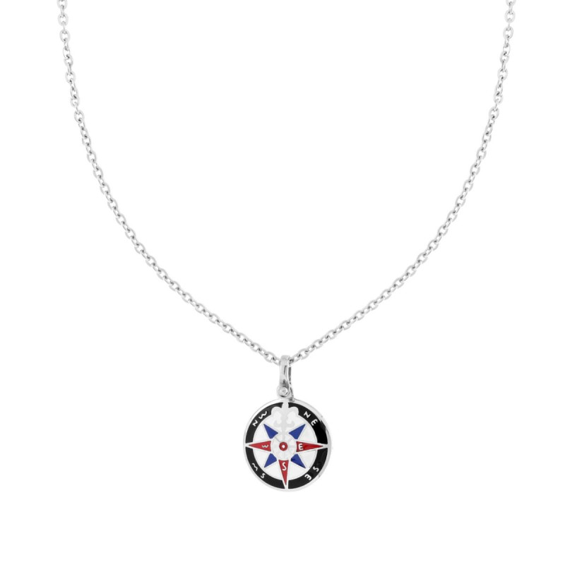 COLLANA CATENA FORZATINA DIAMANTATA CON TONDO SMALTO MULTICOLOR E ROSA DEI VENTI IN ACCIAIO