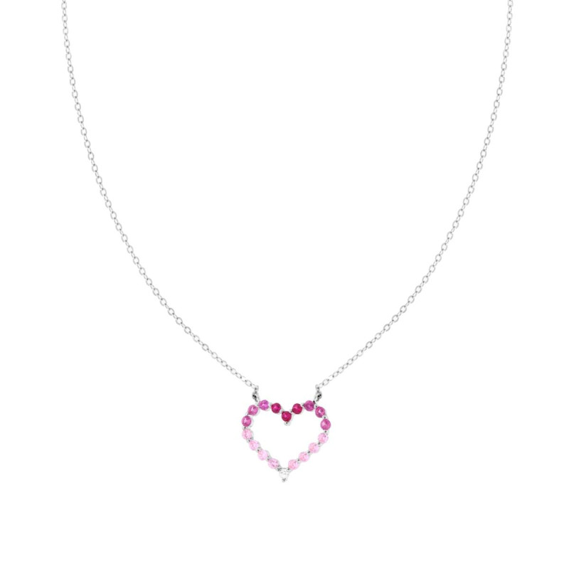 COLLANA CATENA FORZATINA DIAMANTATA CUORE CON CUBIC ZIRCONIA ROSSO RUBINO DEGRADE IN ARGENTO 925 GALVANICA RODIO