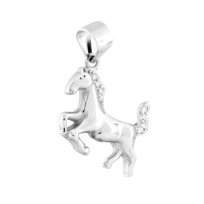 CIONDOLO CAVALLO RAMPANTE CON CUBIC ZIRCONIA BIANCHI IN ARGENTO 925 GALVANICA RODIO