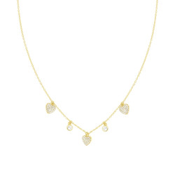 COLLANA CATENA FORZATINA DIAMANTATA CON CUORI E CUBIC ZIRCONIA BIANCHI IN ARGENTO 925 GALVANICA ORO