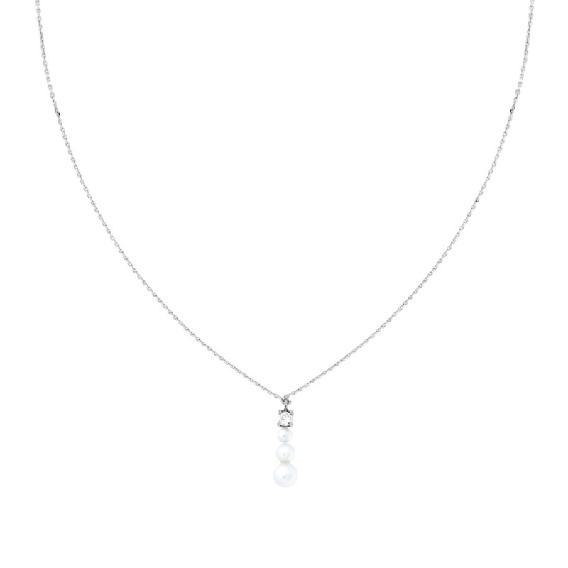 COLLANA CATENA FORZATINA DIAMANTATA CON PUNTO LUCE CUBIC ZIRCONIA BIANCO E TRILOGY DI PERLE IN ARGENTO 925 GALVANICA RODIO