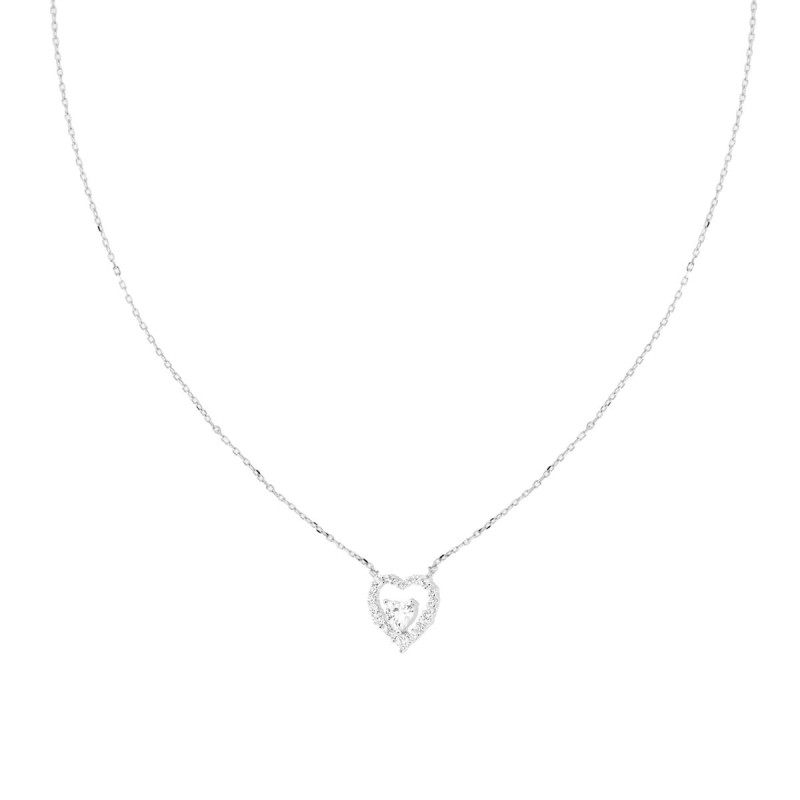COLLANA CATENA FORZATINA DIAMANTATA CON CUORE PUNTO LUCE CUBIC ZIRCONIA BIANCHI IN ARGENTO 925 GALVANICA RODIO