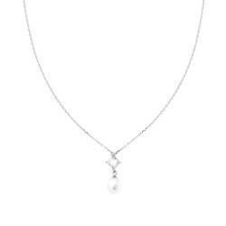 COLLANA CATENA FORZATINA DIAMANTATA CON PUNTO LUCE PRINCESS CUBIC ZIRCONIA BIANCO E PERLA OVALE PENDENTE IN ARGENTO 925 GALVANIC