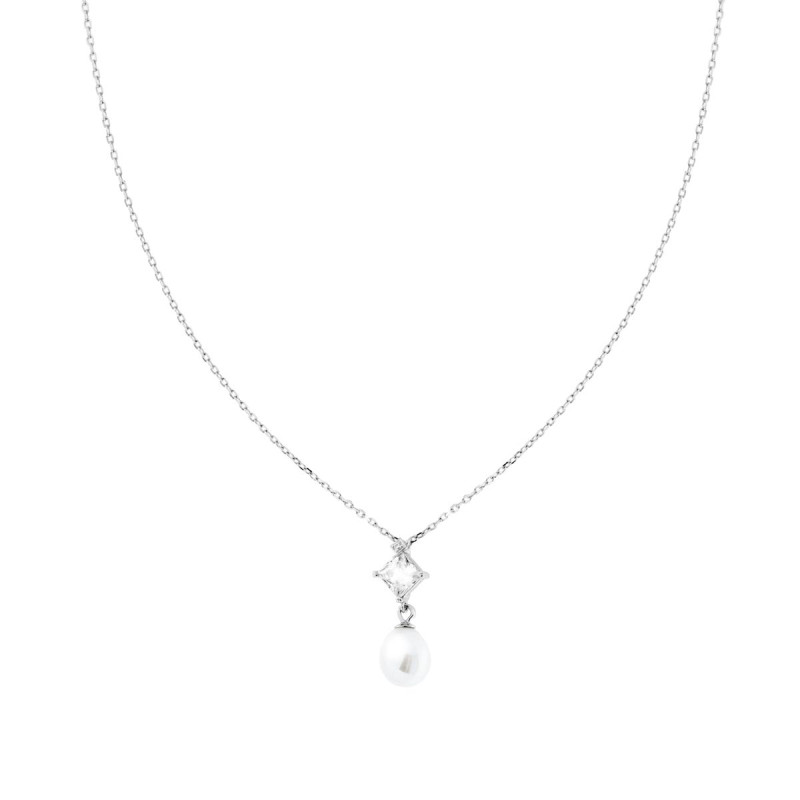 COLLANA CATENA FORZATINA DIAMANTATA CON PUNTO LUCE PRINCESS CUBIC ZIRCONIA BIANCO E PERLA OVALE PENDENTE IN ARGENTO 925 GALVANIC
