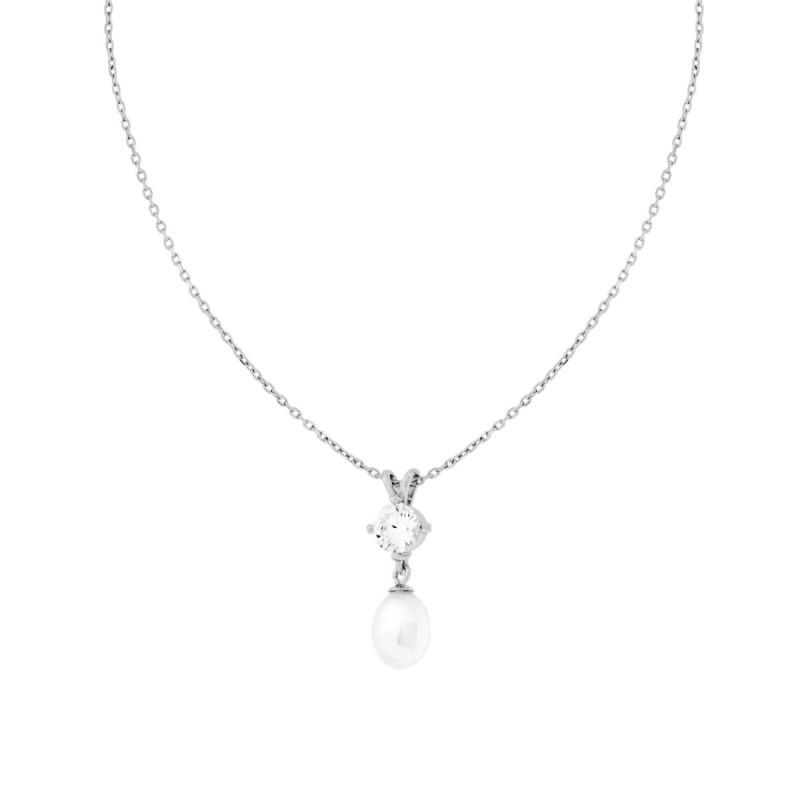 COLLANA CATENA FORZATINA DIAMANTATA CON PUNTO LUCE CUBIC ZIRCONIA BIANCO E PERLA OVALE PENDENTE IN ARGENTO 925 GALVANICA RODIO