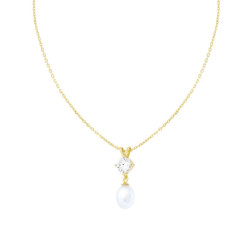 COLLANA CATENA FORZATINA DIAMANTATA CON PUNTO LUCE CUBIC ZIRCONIA BIANCO E PERLA PENDENTE IN ARGENTO 925 GALVANICA ORO