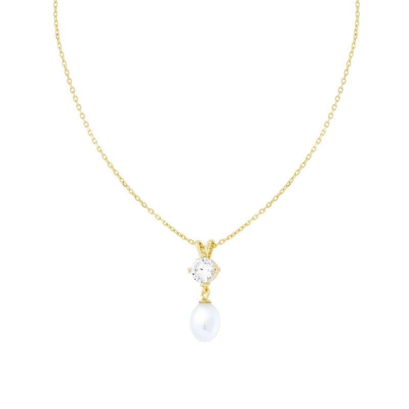 COLLANA CATENA FORZATINA DIAMANTATA CON PUNTO LUCE CUBIC ZIRCONIA BIANCO E PERLA PENDENTE IN ARGENTO 925 GALVANICA ORO