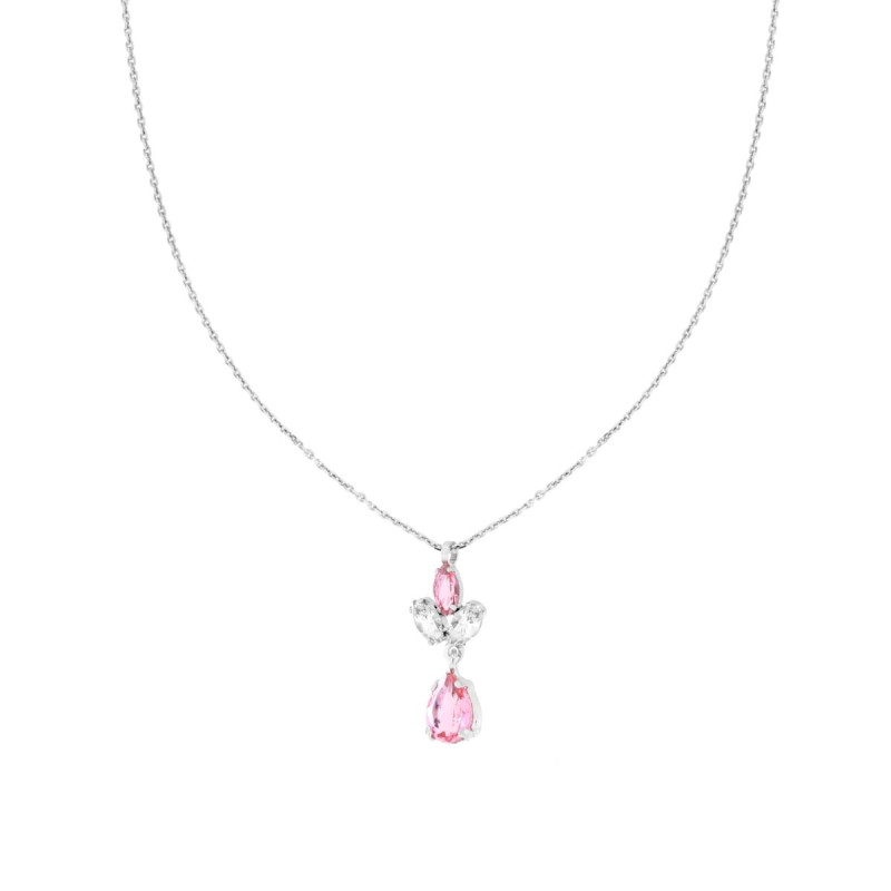 COLLANA CATENA FORZATINA DIAMANTATA CON PUNTO LUCE PENDENTE MARQUISE E GOCCIA CUBIC ZIRCONIA BIANCO E ROSA IN ARGENTO 925 GALVAN