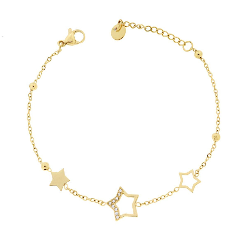 BRACCIALE CATENA FORZATINA DIAMANTATA CON STELLE E CRYSTAL BIANCHI IN ACCIAIO