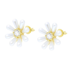 ORECCHINI FIORE CON PETALI GOCCIA PERLA E CUBIC ZIRCONIA BIANCO IN ARGENTO 925 GALVANICA ORO