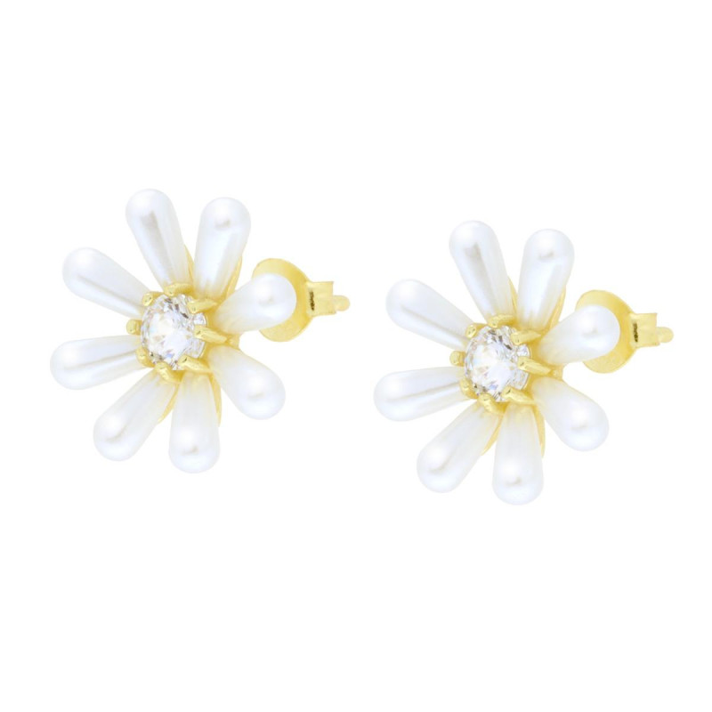 ORECCHINI FIORE CON PETALI GOCCIA PERLA E CUBIC ZIRCONIA BIANCO IN ARGENTO 925 GALVANICA ORO