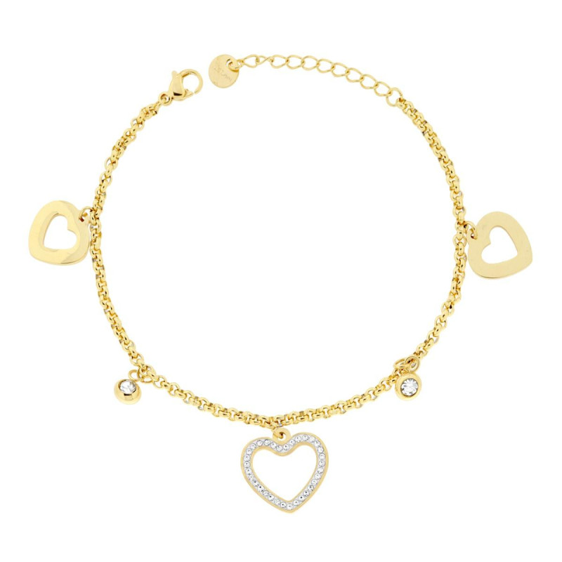 BRACCIALE CATENA ROLO CON CUORI E CRYSTAL BIANCHI IN ACCIAIO