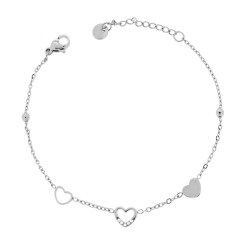 BRACCIALE CATENA FORZATINA DIAMANTATA CON CUORI E CRYSTAL BIANCHI IN ACCIAIO
