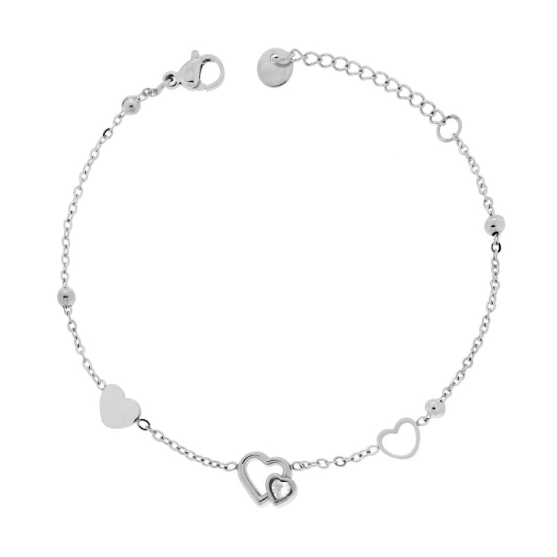 BRACCIALE CATENA FORZATINA DIAMANTATA CON CUORI E CRYSTAL BIANCO IN ACCIAIO