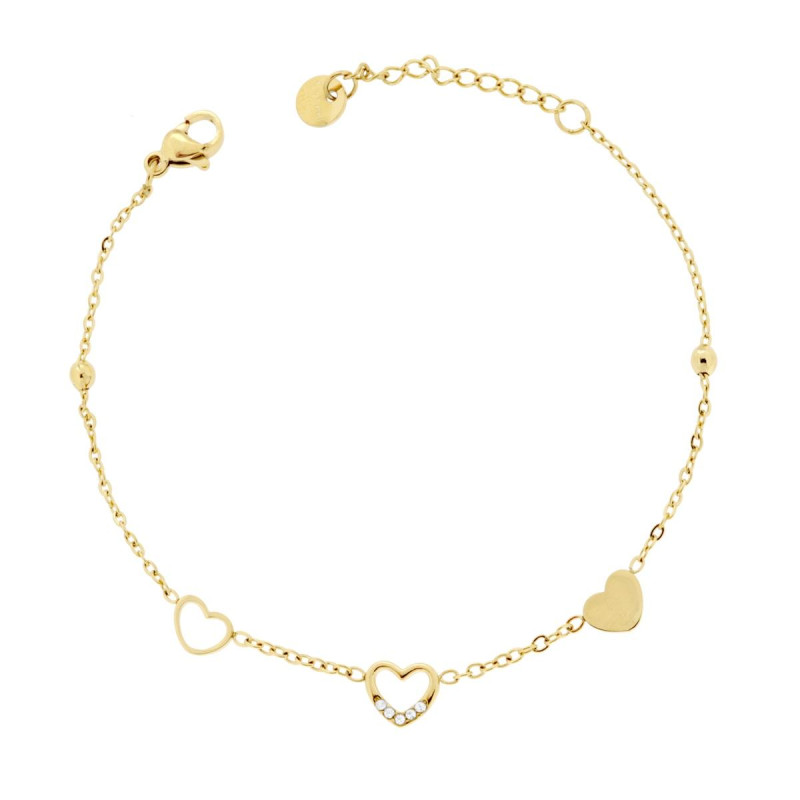 BRACCIALE CATENA FORZATINA DIAMANTATA CON CUORI E CRYSTAL BIANCHI IN ACCIAIO COLORE ORO