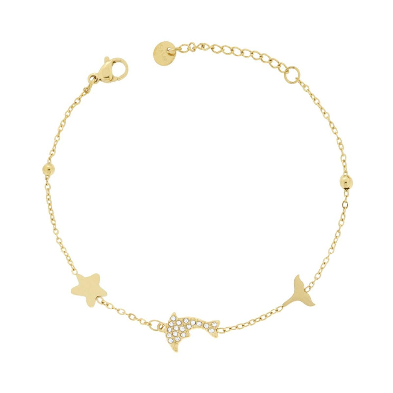 BRACCIALE CATENA FORZATINA DIAMANTATA CON DELFINO E CRYSTAL BIANCO IN ACCIAIO COLORE ORO