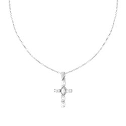 COLLANA CATENA FORZATINA DIAMANTATA CON CROCE E CRYSTAL BIANCHI OVALI IN ACCIAIO