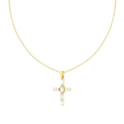 COLLANA CATENA FORZATINA DIAMANTATA CON CROCE E CRYSTAL BIANCHI OVALI IN ACCIAIO COLORE ORO