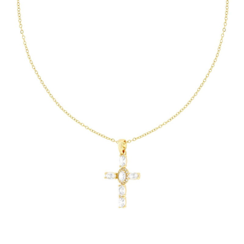 COLLANA CATENA FORZATINA DIAMANTATA CON CROCE E CRYSTAL BIANCHI OVALI IN ACCIAIO COLORE ORO
