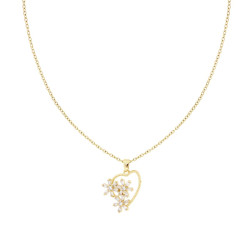 COLLANA CATENA FORZATINA DIAMANTATA CON CUORE E FIORI CON CRYSTAL BIANCHI IN ACCIAIO COLORE ORO