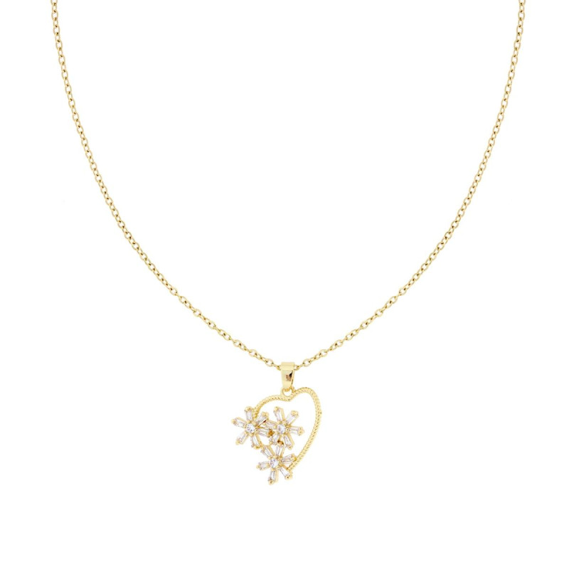COLLANA CATENA FORZATINA DIAMANTATA CON CUORE E FIORI CON CRYSTAL BIANCHI IN ACCIAIO COLORE ORO