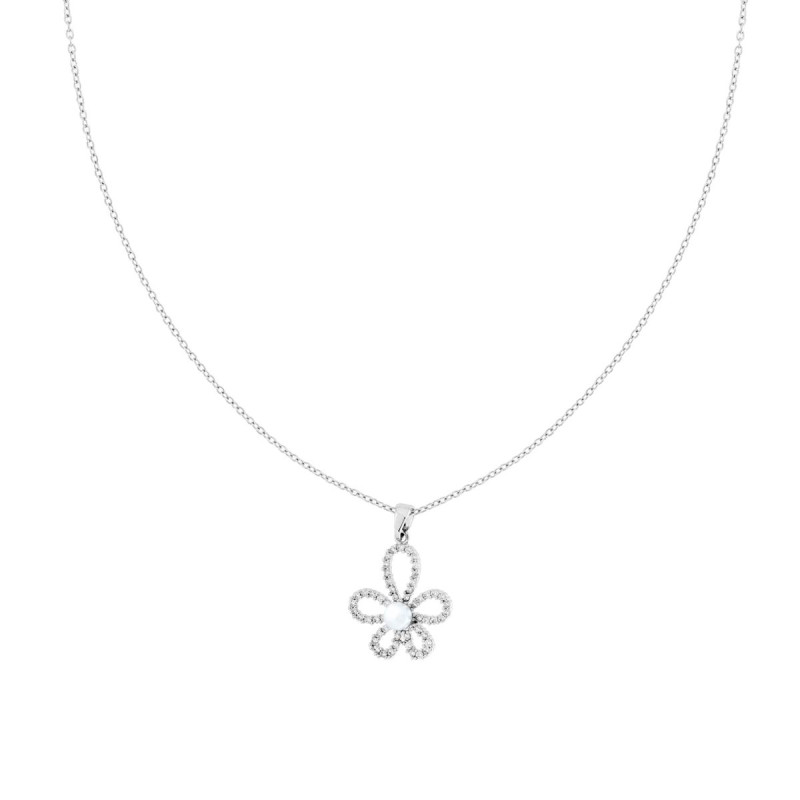 COLLANA CATENA FORZATINA DIAMANTATA E FIORE CON CRYSTAL BIANCHI E PERLA BIANCA IN ACCIAIO