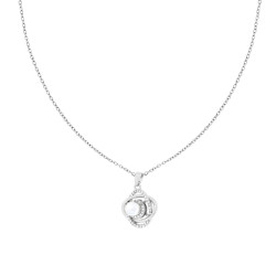 COLLANA CATENA FORZATINA DIAMANTATA E ACCESSORIO CON ORBITE CON CRYSTAL BIANCHI E PERLA BIANCA ROTANTE IN ACCIAIO