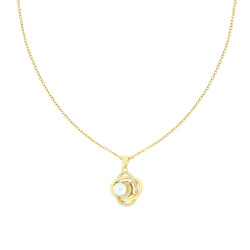 COLLANA CATENA FORZATINA DIAMANTATA E ACCESSORIO CON ORBITE CON CRYSTAL BIANCHI E PERLA BIANCA ROTANTE IN ACCIAIO COLORE ORO