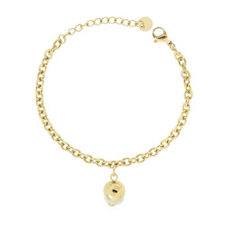BRACCIALE CATENA FORZATINA CON CAMPANELLA E CRYSTAL BIANCHI IN ACCIAIO COLORE ORO
