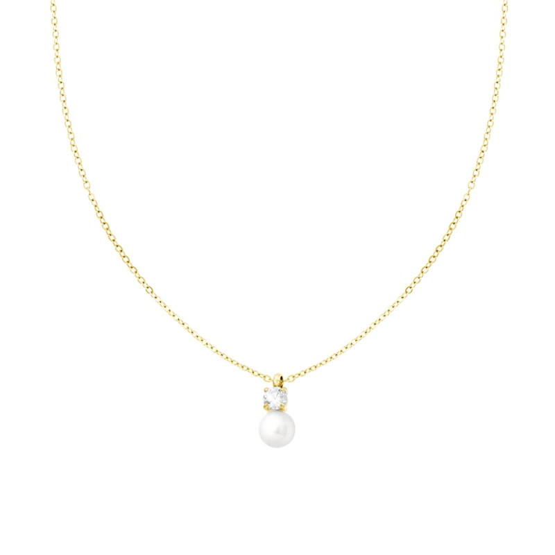 COLLANA CATENA FORZATINA DIAMANTATA CON PERLA E PUNTO LUCE CRYSTAL BIANCO IN ACCIAIO COLORE ORO