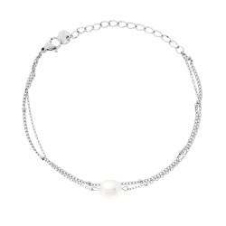 BRACCIALE DUE FILI CATENA FORZATINA DIAMANTATA E GRUMETTA CON PERLA OVALE IN ACCIAIO