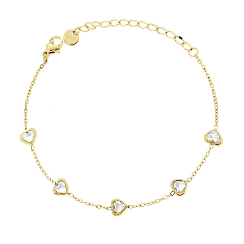 BRACCIALE CATENA FORZATINA DIAMANTATA CON CUORI E CRYSTAL BIANCHI IN ACCIAIO COLORE ORO