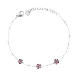 BRACCIALE CATENA FORZATINA DIAMANTATA CON FIORI E CRYSTAL ROSA IN ACCIAIO