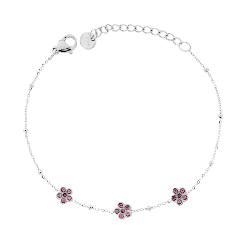 BRACCIALE CATENA FORZATINA DIAMANTATA CON FIORI E CRYSTAL ROSA IN ACCIAIO