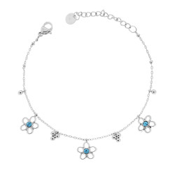 BRACCIALE CATENA FORZATINA DIAMANTATA CON FIORI E CRYSTAL AZZURRO IN ACCIAIO