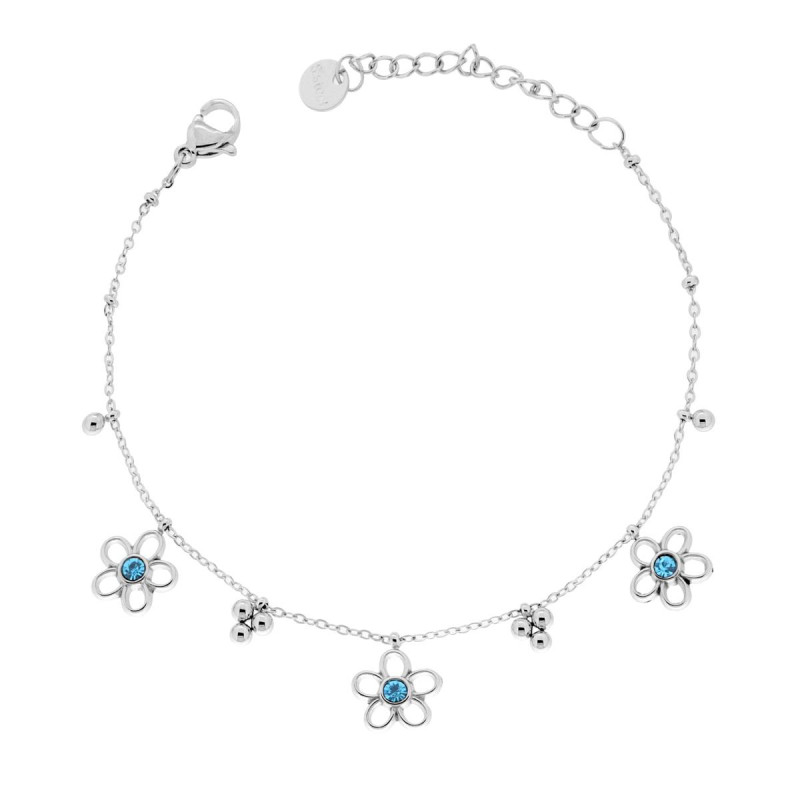 BRACCIALE CATENA FORZATINA DIAMANTATA CON FIORI E CRYSTAL AZZURRO IN ACCIAIO