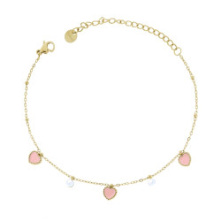 BRACCIALE CATENA FORZATINA DIAMANTATA CON CUORI SMALTO ROSA E PERLE IN ACCIAIO COLORE ORO