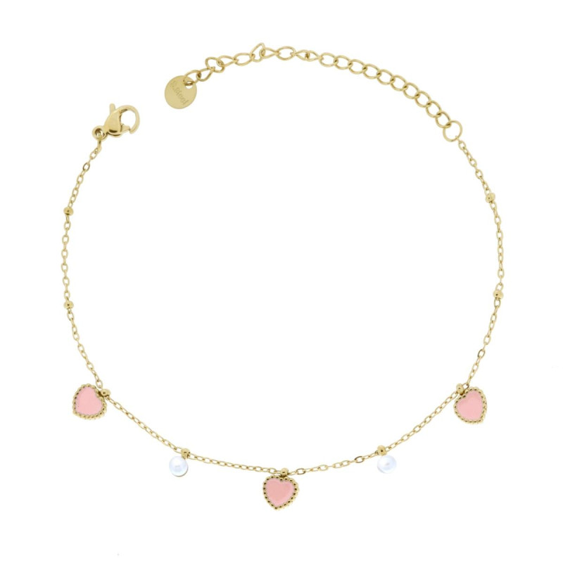 BRACCIALE CATENA FORZATINA DIAMANTATA CON CUORI SMALTO ROSA E PERLE IN ACCIAIO COLORE ORO